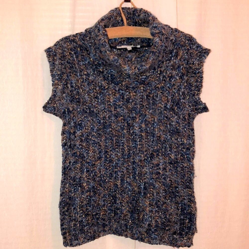 Bershka M Chunky Knit Cowl Neck Blue Rust Gold Metallic Sweater Vest